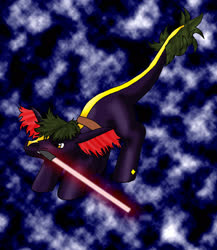 Size: 1871x2153 | Tagged: safe, artist:chili19, oc, oc only, earth pony, pony, abstract background, crossover, earth pony oc, leonine tail, lightsaber, male, mouth hold, solo, stallion, star wars, weapon