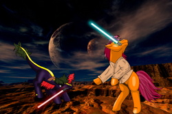 Size: 4500x3000 | Tagged: safe, artist:chili19, oc, oc only, oc:maurus, oc:orange sky, clothes, crossover, desert, duo, fight, leonine tail, lightsaber, mouth hold, planet, rearing, star wars, weapon