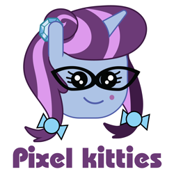 Size: 6000x6000 | Tagged: safe, artist:samoht-lion, oc, oc only, oc:pixelkitties, pony, unicorn, bow, bust, glasses, hair bow, horn, simple background, smiling, text, unicorn oc, white background