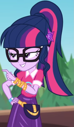 Size: 513x880 | Tagged: safe, screencap, sci-twi, twilight sparkle, equestria girls, equestria girls series, g4, sunset's backstage pass!, spoiler:eqg series (season 2), clothes, collar, cropped, cute, female, forest, forest background, geode of telekinesis, glasses, hairclip, lidded eyes, logo, magical geodes, music festival outfit, pointing, ponytail, pouch, shirt, short sleeves, skirt, smiling, solo, twiabetes, wrist wraps