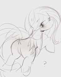 Size: 1023x1306 | Tagged: safe, artist:manachaaaaaaaa, fluttershy, pegasus, pony, g4, butt, female, looking at you, looking back, looking back at you, mare, monochrome, plot, solo