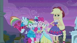 Size: 576x326 | Tagged: safe, screencap, applejack, fluttershy, pinkie pie, rainbow dash, rarity, equestria girls, g4, my little pony equestria girls, clothes, cute, dress, eyes closed, fall formal outfits, female, hand on hip, hug, humane five, looking at you, ponied up, tongue out