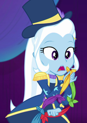Size: 766x1080 | Tagged: safe, screencap, trixie, equestria girls, equestria girls specials, g4, my little pony equestria girls: better together, my little pony equestria girls: spring breakdown, cropped, epaulettes, female, hat, magic trick, solo, top hat