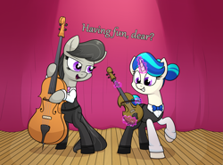 Size: 3201x2373 | Tagged: safe, artist:moonatik, dj pon-3, octavia melody, vinyl scratch, earth pony, pony, unicorn, g4, alternate hairstyle, bow (instrument), bowtie, cello, clothes, curtains, female, hair bun, high res, hypnosis, hypnotized, implied lesbian, implied scratchtavia, implied shipping, magic, mare, missing accessory, musical instrument, stage, vinyl class, violin
