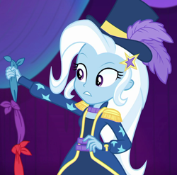 Size: 730x720 | Tagged: safe, screencap, trixie, equestria girls, equestria girls specials, g4, my little pony equestria girls: spring breakdown, cropped, epaulettes, female, hat, magic trick, solo, top hat