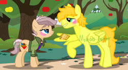 Size: 780x426 | Tagged: safe, artist:cookye306, artist:kittenart200000, artist:mobian-gamer, oc, oc only, apple, apple tree, blushing, clothes, female, gala ticket, looking into each others eyes, male, mare, oc x oc, offspring, parent:big macintosh, parent:fluttershy, parent:nurse redheart, parent:quibble pants, parents:fluttermac, parents:quibbleheart, shipping, shirt, stallion, tree, watermark, wing hands, wings