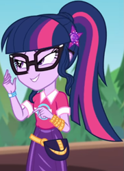 Size: 591x818 | Tagged: safe, screencap, sci-twi, twilight sparkle, equestria girls, equestria girls series, g4, sunset's backstage pass!, spoiler:eqg series (season 2), clothes, collar, cropped, cute, female, forest, forest background, geode of telekinesis, glasses, hairclip, lidded eyes, logo, magical geodes, music festival outfit, ponytail, pouch, shirt, short sleeves, skirt, smiling, solo, twiabetes, wrist wraps