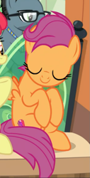 Size: 385x759 | Tagged: safe, screencap, apple bloom, down under, scootaloo, earth pony, pegasus, pony, g4, growing up is hard to do, cropped, cute, cutealoo, cutie mark, eyes closed, female, mare, offscreen character, older, older apple bloom, older scootaloo, sitting, smiling, solo focus, the cmc's cutie marks