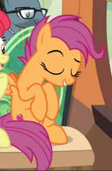 Size: 490x749 | Tagged: safe, screencap, apple bloom, down under, scootaloo, earth pony, pegasus, pony, g4, growing up is hard to do, cropped, cutie mark, eyes closed, female, mare, offscreen character, older, older apple bloom, older scootaloo, sitting, smiling, solo focus, spread wings, the cmc's cutie marks, wings