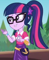 Size: 657x803 | Tagged: safe, screencap, sci-twi, twilight sparkle, equestria girls, equestria girls specials, g4, my little pony equestria girls: better together, my little pony equestria girls: sunset's backstage pass, clothes, collar, cropped, cute, female, forest, forest background, geode of telekinesis, glasses, hairclip, lidded eyes, logo, magical geodes, music festival outfit, ponytail, pouch, shirt, short sleeves, skirt, smiling, solo, twiabetes, wrist wraps