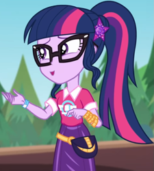 Size: 717x796 | Tagged: safe, screencap, sci-twi, twilight sparkle, equestria girls, equestria girls series, g4, sunset's backstage pass!, spoiler:eqg series (season 2), clothes, collar, cropped, cute, female, forest, forest background, geode of telekinesis, glasses, hairclip, lidded eyes, logo, magical geodes, music festival outfit, ponytail, pouch, shirt, short sleeves, skirt, smiling, solo, twiabetes, wrist wraps