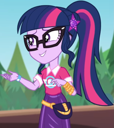 Size: 715x800 | Tagged: safe, screencap, sci-twi, twilight sparkle, equestria girls, equestria girls series, g4, sunset's backstage pass!, spoiler:eqg series (season 2), clothes, collar, cropped, cute, female, forest, forest background, geode of telekinesis, glasses, hairclip, lidded eyes, logo, magical geodes, music festival outfit, ponytail, pouch, shirt, short sleeves, skirt, smiling, solo, twiabetes, wrist wraps