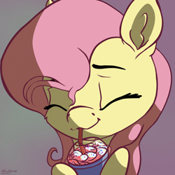 Size: 2000x2000 | Tagged: safe, artist:nookprint, fluttershy, pony, g4, bust, cheek fluff, cute, drink, drinking, ear fluff, eyes closed, female, food, high res, mare, portrait, shyabetes, solo, straw, whipped cream