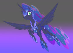 Size: 1646x1200 | Tagged: safe, artist:shimizu, nightmare moon, alicorn, pony, g4, ethereal mane, female, flying, gradient background, mare, pixiv, solo, spread wings, starry mane, wings