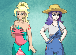 Size: 3400x2480 | Tagged: safe, artist:mkogwheel, applejack, rarity, human, g4, abstract background, alternative cutie mark placement, applejewel, clothes, cutie mark on human, dress, duo, high res, humanized, rarihick, shoulder cutie mark