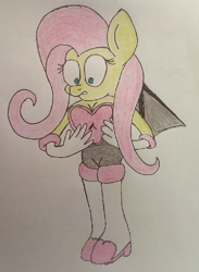 Size: 1400x1911 | Tagged: safe, artist:puperhamster, fluttershy, anthro, g4, clothes, cosplay, costume, crossover, female, hand on breasts, rouge the bat costume, simple background, solo, sonic the hedgehog (series), traditional art