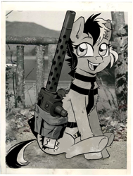 Size: 1352x1789 | Tagged: safe, artist:draw3, oc, oc only, earth pony, pony, 4chan, bag, cute, drawthread, gun, happy, heavy machine gun, looking at you, m1919 browning, machine gun, monochrome, ocbetes, photo, ponified, ponified animal photo, saddle bag, sitting, solo, weapon