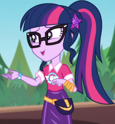 Size: 738x794 | Tagged: safe, screencap, sci-twi, twilight sparkle, equestria girls, equestria girls specials, g4, my little pony equestria girls: better together, my little pony equestria girls: sunset's backstage pass, clothes, collar, cropped, cute, female, forest, forest background, geode of telekinesis, glasses, hairclip, lidded eyes, logo, magical geodes, music festival outfit, ponytail, pouch, shirt, short sleeves, skirt, smiling, solo, twiabetes, wrist wraps