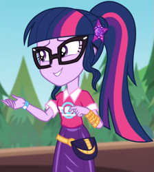 Size: 719x801 | Tagged: safe, screencap, sci-twi, twilight sparkle, equestria girls, equestria girls series, g4, sunset's backstage pass!, spoiler:eqg series (season 2), clothes, collar, cropped, cute, female, forest, forest background, geode of telekinesis, glasses, hairclip, lidded eyes, logo, magical geodes, music festival outfit, ponytail, pouch, shirt, short sleeves, skirt, smiling, solo, twiabetes, wrist wraps