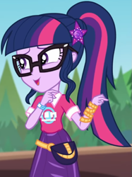 Size: 609x814 | Tagged: safe, screencap, sci-twi, twilight sparkle, equestria girls, equestria girls series, g4, sunset's backstage pass!, spoiler:eqg series (season 2), clothes, collar, cropped, cute, female, forest, forest background, geode of telekinesis, glasses, hairclip, lidded eyes, logo, magical geodes, music festival outfit, ponytail, pouch, shirt, short sleeves, skirt, smiling, solo, twiabetes, wrist wraps