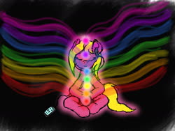 Size: 1280x960 | Tagged: safe, artist:bryastar, oc, oc:bright star, pony, unicorn, aura, black background, chakras, earbuds, meditation, phone, rainbow, simple background