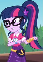Size: 585x838 | Tagged: safe, screencap, sci-twi, twilight sparkle, equestria girls, equestria girls series, g4, sunset's backstage pass!, spoiler:eqg series (season 2), clothes, collar, cropped, cute, female, forest, forest background, geode of telekinesis, glasses, hairclip, lidded eyes, magical geodes, music festival outfit, ponytail, pouch, shirt, short sleeves, skirt, smiling, solo, twiabetes, wrist wraps