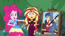 Size: 1280x716 | Tagged: safe, artist:mlpfan3991, edit, edited screencap, screencap, flash sentry, pinkie pie, sunset shimmer, best trends forever, equestria girls, equestria girls series, g4, sunset's backstage pass!, spoiler:eqg series (season 2), female, geode of empathy, geode of sugar bombs, magical geodes, male, music festival outfit, ship:flashimmer, shipping, straight