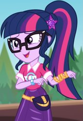 Size: 567x828 | Tagged: safe, screencap, sci-twi, twilight sparkle, equestria girls, equestria girls specials, g4, my little pony equestria girls: better together, my little pony equestria girls: sunset's backstage pass, clothes, collar, cropped, cute, female, forest, forest background, geode of telekinesis, glasses, hairclip, lidded eyes, logo, magical geodes, music festival outfit, ponytail, pouch, shirt, short sleeves, skirt, smiling, solo, twiabetes, wrist wraps