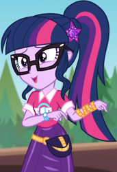 Size: 566x827 | Tagged: safe, screencap, sci-twi, twilight sparkle, equestria girls, equestria girls series, g4, sunset's backstage pass!, spoiler:eqg series (season 2), clothes, collar, cropped, cute, female, forest, forest background, geode of telekinesis, glasses, hairclip, lidded eyes, logo, magical geodes, music festival outfit, ponytail, pouch, shirt, short sleeves, skirt, smiling, solo, twiabetes, wrist wraps