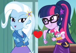 Size: 1408x980 | Tagged: safe, edit, edited screencap, screencap, sci-twi, trixie, twilight sparkle, a little birdie told me, equestria girls, equestria girls series, g4, sunset's backstage pass!, spoiler:eqg series (season 2), female, lesbian, music festival outfit, ship:sci-twixie, ship:twixie, shipping, shipping domino