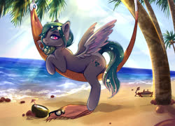 Size: 3000x2172 | Tagged: safe, artist:raranfa, oc, oc only, oc:star universe, crab, pegasus, pony, beach, coconut, crepuscular rays, cute, drink, female, food, hammock, hat, high res, looking at you, mare, ocean, palm tree, solo, spread wings, sun, sunglasses, sunlight, tree, wings