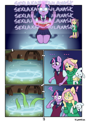 Size: 3114x4354 | Tagged: safe, artist:kumakum, fluttershy, twilight sparkle, anthro, unguligrade anthro, comic:tentacle trouble, g4, blushing, clothes, comic, glowing eyes, glowing horn, horn, i've seen enough hentai to know where this is going, kneeling, levitation, magic, magic circle, reading, starry eyes, summoning, summoning circle, sweat, sweater, sweatershy, telekinesis, tentacles, varying degrees of want, wide eyes, wingding eyes