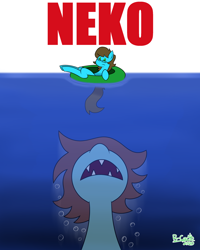 Size: 2000x2500 | Tagged: safe, artist:b-cacto, oc, oc only, oc:neko, bubble, fangs, high res, inner tube, jaws, parody, partially submerged, underwater, water