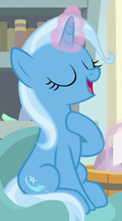 Size: 448x812 | Tagged: safe, screencap, trixie, pony, a horse shoe-in, g4, cropped, eyes closed, female, glowing horn, hoof on chest, horn, solo