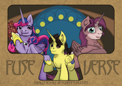 Size: 1920x1358 | Tagged: safe, artist:khaki-cap, flower bouquet, oc, oc:king speedy hooves, oc:queen galaxia (bigonionbean), oc:tommy the human, alicorn, pony, affiche art nouveau de la famille royal, alicorn oc, alicorn princess, apollonian gasket, colt, commission, commissioner:bigonionbean, famille royale de poneys fusionnés, father and child, father and son, female, foal, french, fusion, fusion:big macintosh, fusion:flash sentry, fusion:princess cadance, fusion:princess celestia, fusion:princess luna, fusion:shining armor, fusion:trouble shoes, fusion:twilight sparkle, horn, husband and wife, male, mare, modern art, mother and child, mother and son, nouveau, royal family, stallion