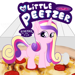 Size: 5000x5000 | Tagged: safe, alternate version, artist:poniidesu, princess cadance, alicorn, pony, g4, 4chan, blank flank, cadance's pizza delivery, cute, cutedance, drawthread, female, filly, food, logo, meat, peetzer, pepperoni, pepperoni pizza, pizza, pizza box, simple background, solo, text, tiny, tiny ponies, transparent background, underhoof, younger