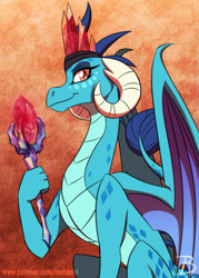 Size: 1137x1588 | Tagged: safe, artist:inuhoshi-to-darkpen, princess ember, dragon, g4, bloodstone scepter, crown, dragon crown, dragon lord ember, dragoness, female, jewelry, older, older ember, orange background, regalia, simple background, solo