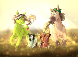 Size: 1336x978 | Tagged: safe, artist:blackblood-queen, oc, oc only, oc:honeydew mambo, oc:margarite mix, oc:samba volta, earth pony, pony, commission, female, field, filly, foal, male, mare, parent:oc:margarite mix, parent:oc:samba volta, parents:voltix, stallion, sunshine, voltix