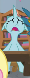 Size: 225x580 | Tagged: safe, screencap, ocellus, changedling, changeling, g4, school daze, adorable distress, cropped, cute, desk, diaocelles, eyes closed, female, open mouth, sitting, solo, upset