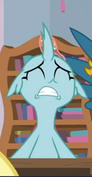Size: 327x622 | Tagged: safe, screencap, ocellus, changedling, changeling, g4, school daze, adorable distress, cropped, cute, desk, diaocelles, eyes closed, female, floppy ears, offscreen character, sitting, solo, upset