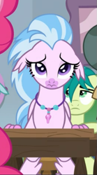 Size: 341x614 | Tagged: safe, screencap, sandbar, silverstream, classical hippogriff, earth pony, hippogriff, pony, g4, school daze, bored, cropped, desk, female, floppy ears, jewelry, male, necklace, sad, sitting, solo focus, teenager