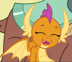 Size: 857x737 | Tagged: safe, screencap, smolder, yona, dragon, yak, g4, school daze, cheerful, cropped, cute, dragoness, eyes closed, fangs, female, horns, laughing, offscreen character, open mouth, smiling, smolderbetes, solo focus, spread wings, wings