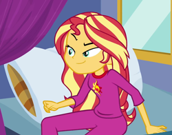 Size: 1379x1080 | Tagged: safe, screencap, sunset shimmer, equestria girls, equestria girls specials, g4, my little pony equestria girls: better together, my little pony equestria girls: sunset's backstage pass, bed, clothes, confident, cropped, determined, female, grin, pajamas, pillow, raised eyebrow, smiling, solo, window