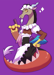Size: 640x900 | Tagged: safe, artist:vish4ow, artist:yow, discord, draconequus, g4, princess twilight sparkle (episode), clothes, crossdressing, dress, duster, femboy discord, hand on hip, maid, maid discord, male, one eye closed, purple background, simple background, solo