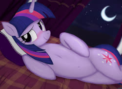 Size: 3509x2550 | Tagged: safe, artist:neoshrek, twilight sparkle, pony, unicorn, g4, bed, blushing, crescent moon, cute, female, high res, legs together, lying down, mare, moon, night, on bed, on side, pillow, sky, solo, stars, twiabetes, unicorn twilight