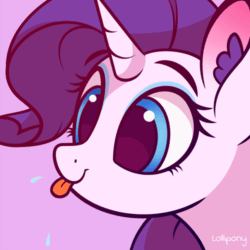 Size: 500x500 | Tagged: safe, artist:lollipony, part of a set, rarity, pony, unicorn, g4, :p, animated, bust, cute, ear fluff, female, mare, portrait, purple background, raribetes, raspberry, raspberry noise, silly, silly pony, simple background, solo, spit, tongue out