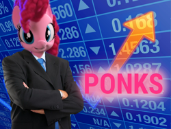 Size: 680x510 | Tagged: safe, edit, pinkie pie, earth pony, anthro, g4, hello pinkie pie, 3d, arrow, clothes, female, photoshop, ponk, solo, stonks, suit