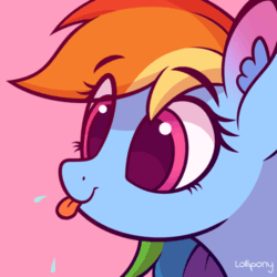 Size: 500x500 | Tagged: safe, artist:lollipony, part of a set, rainbow dash, pegasus, pony, g4, :p, animated, bust, cute, dashabetes, ear fluff, eye clipping through hair, female, mare, pink background, portrait, raspberry, raspberry noise, silly, silly pony, simple background, solo, spit, tongue out
