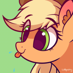 Size: 500x500 | Tagged: safe, artist:lollipony, part of a set, applejack, earth pony, pony, g4, :p, animated, bust, cute, ear fluff, eye clipping through hair, female, green background, jackabetes, mare, portrait, raspberry, raspberry noise, silly, silly pony, simple background, solo, spit, tongue out, who's a silly pony
