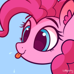 Size: 500x500 | Tagged: safe, artist:lollipony, part of a set, pinkie pie, earth pony, pony, :p, animated, blue background, bust, cute, diapinkes, ear fluff, female, mare, portrait, raspberry, raspberry noise, silly, silly pony, simple background, solo, spit, tongue out